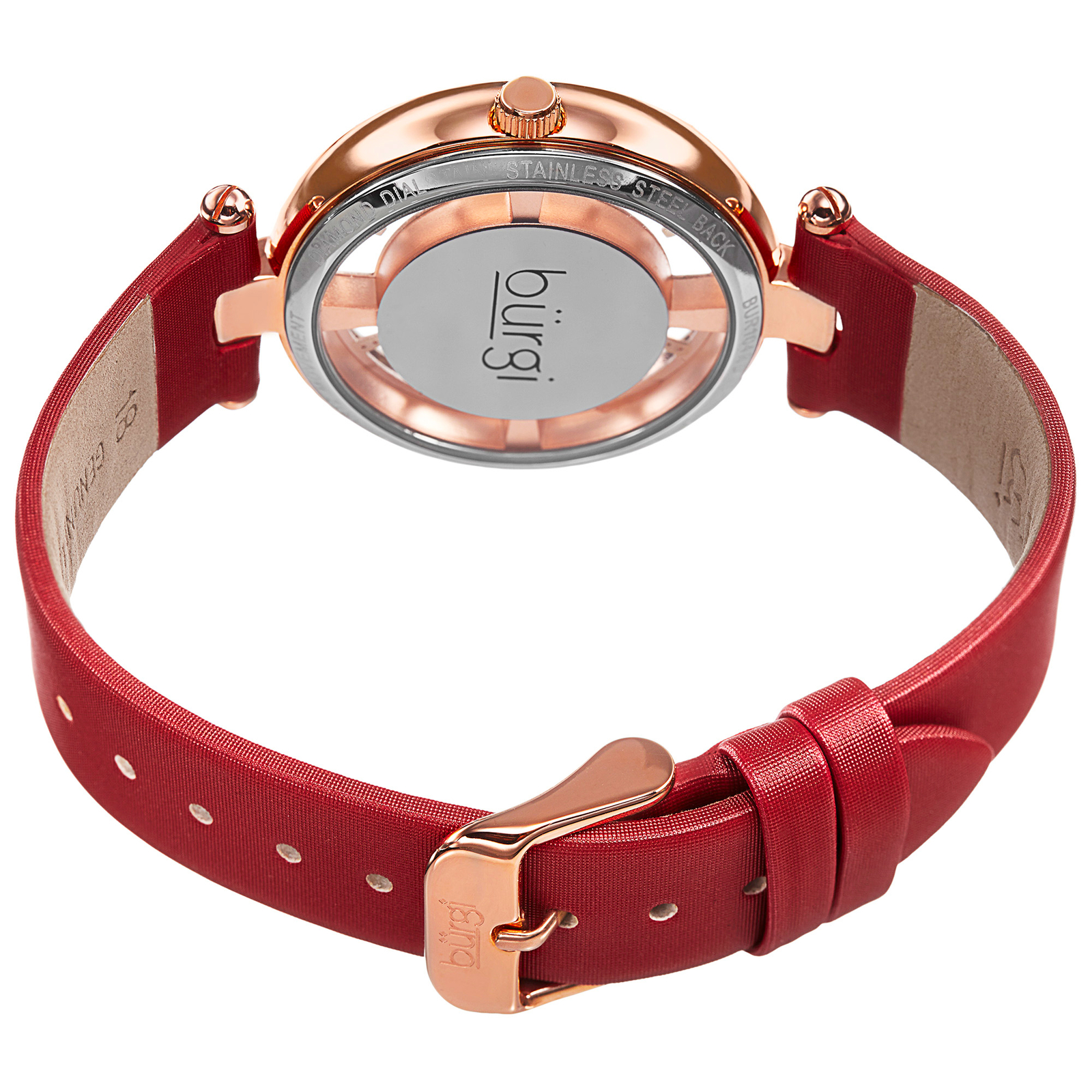 New Women’s Burgi BUR104RD Rose-tone Swiss Quartz Diamond Red Satin Strap Watch