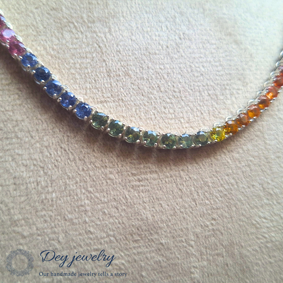 Lab Created 3 mm Multi Sapphire Prong Tennis 925 Silver Handmade Gift Necklace