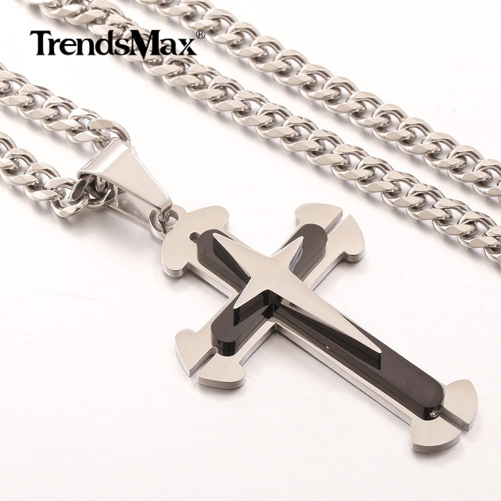 Mens Stainless Steel Cross Pendant Necklace 5MM 18″-30″ Silver/Black Cuban Chain