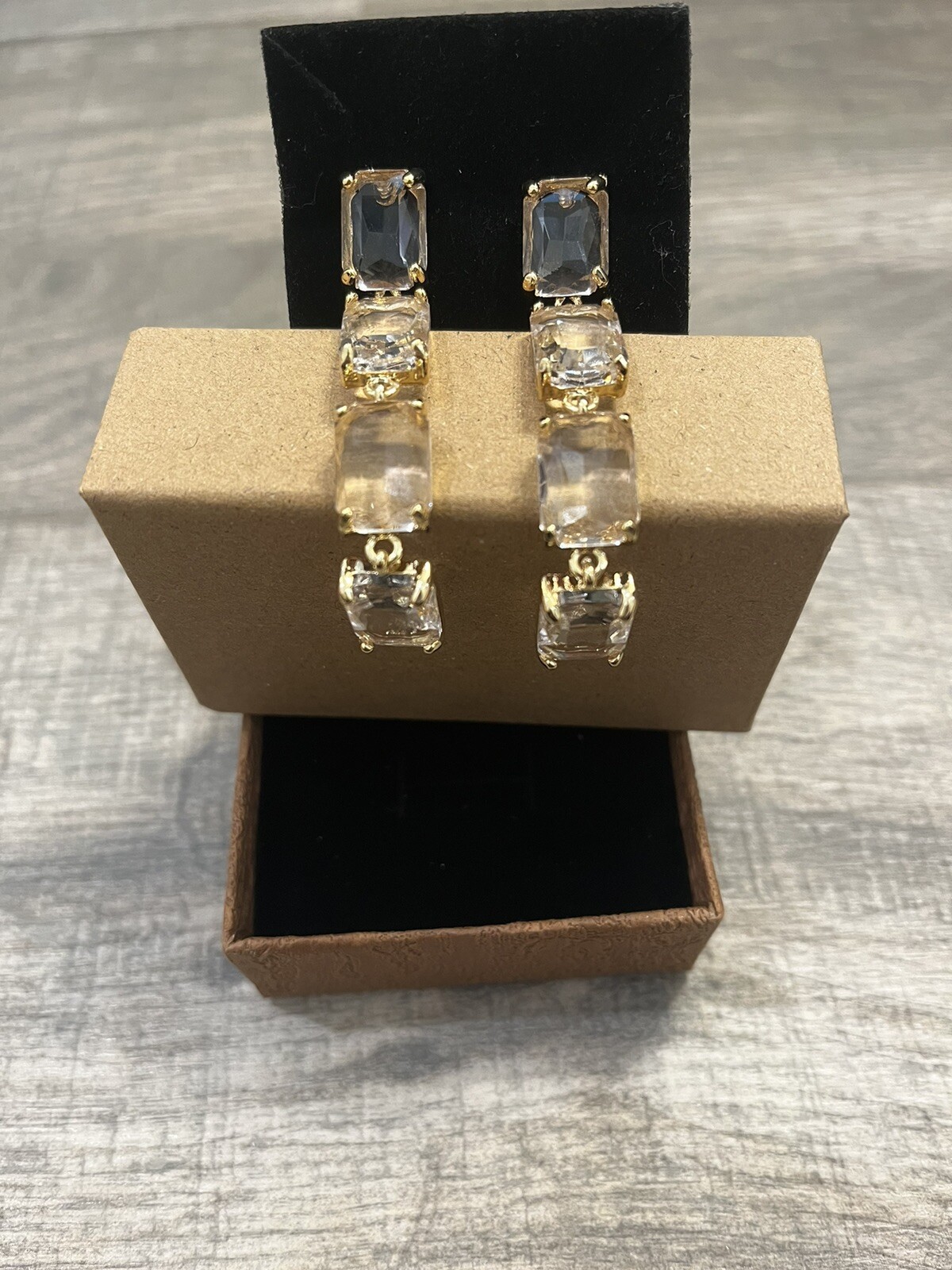 Clear Crystal Linear Drop Earrings in Gold Tone Nickel Free