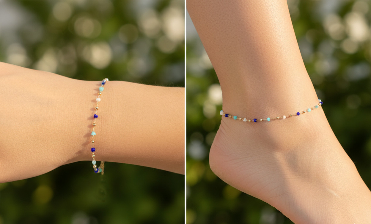 Boho Beaded Anklet Gold Color Plated Brass Foot Chain Handmade Minimalist
