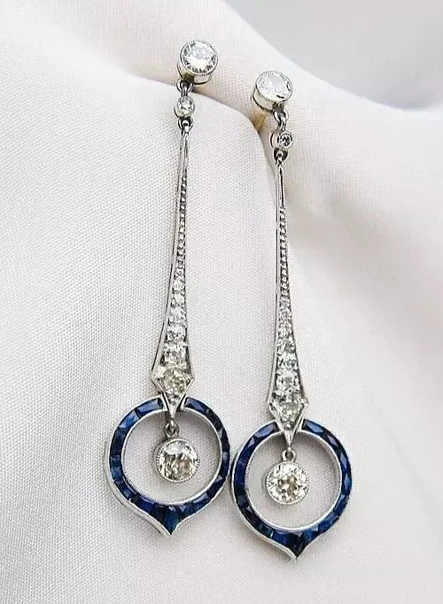 2Ct Round Natural Sapphire Vintage Art Deco Style Earrings 14K White Gold Plated