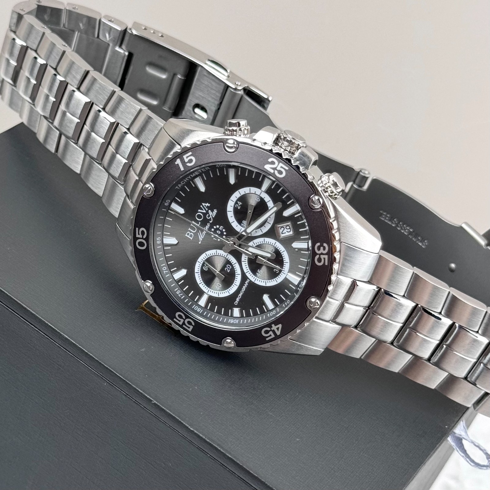 Bulova Marine Star Black Dial Chronograph Stainless Steel Men’s Watch 98B401