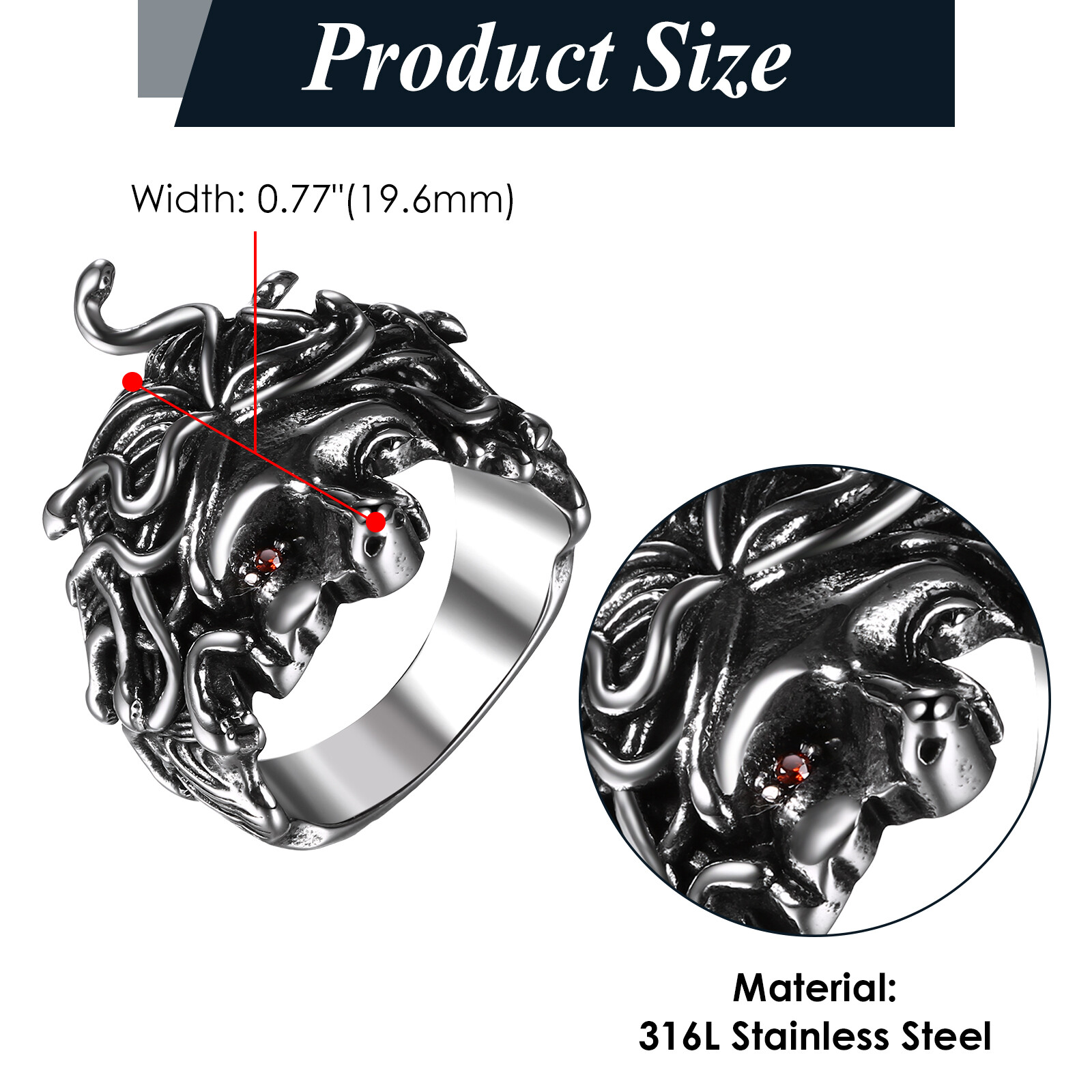 Gothic Vintage Medusa Ring Stainless Steel Greek Mythology Ring for Men Women
