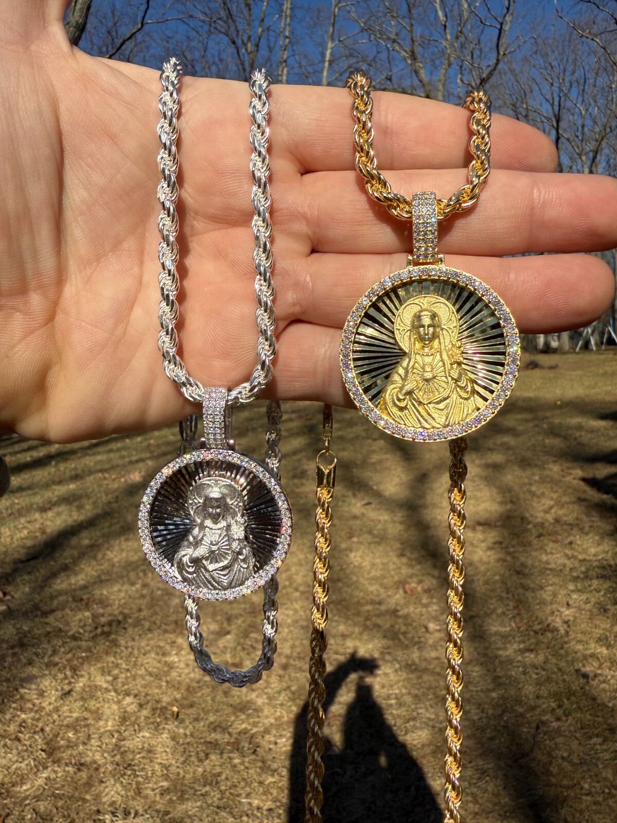 MOISSANITE Virgin Mary Round Medallion Pendant Real 925 Silver / Gold Necklace