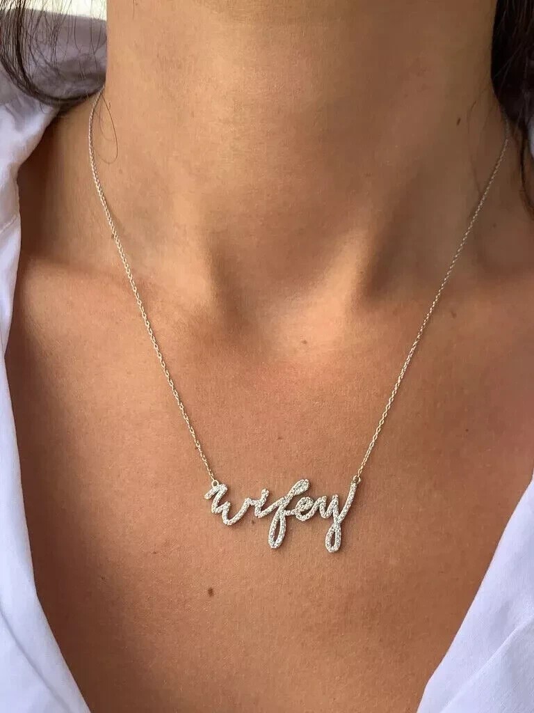 2Ct Round Cut Simulated Diamond Cursive Wifey Pendant In 14k White Gold Plated