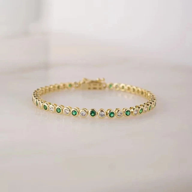 7TCW Round Cut Lab Created Green Emerald 14K Yellow Gold Plated Tennis Bracelet