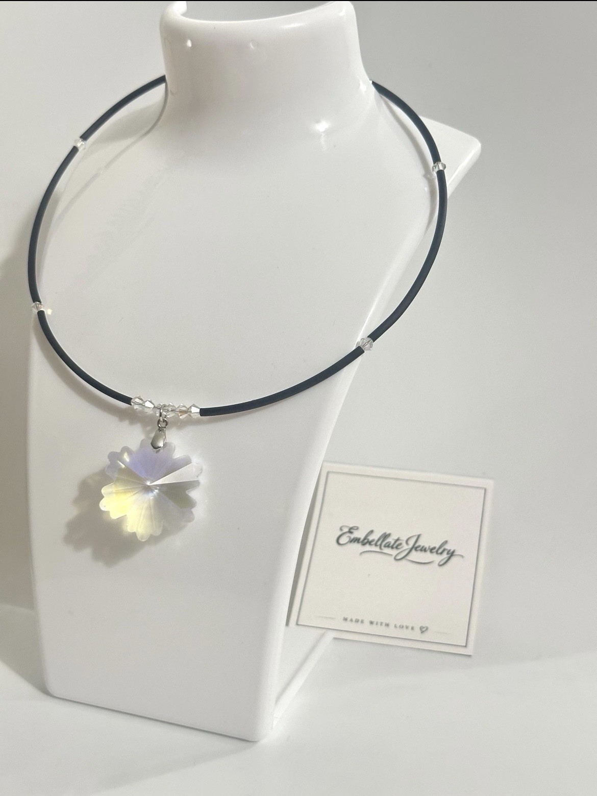 Murano AB Glass Snowflake Pendant Black Choker Necklace Crystal Accent