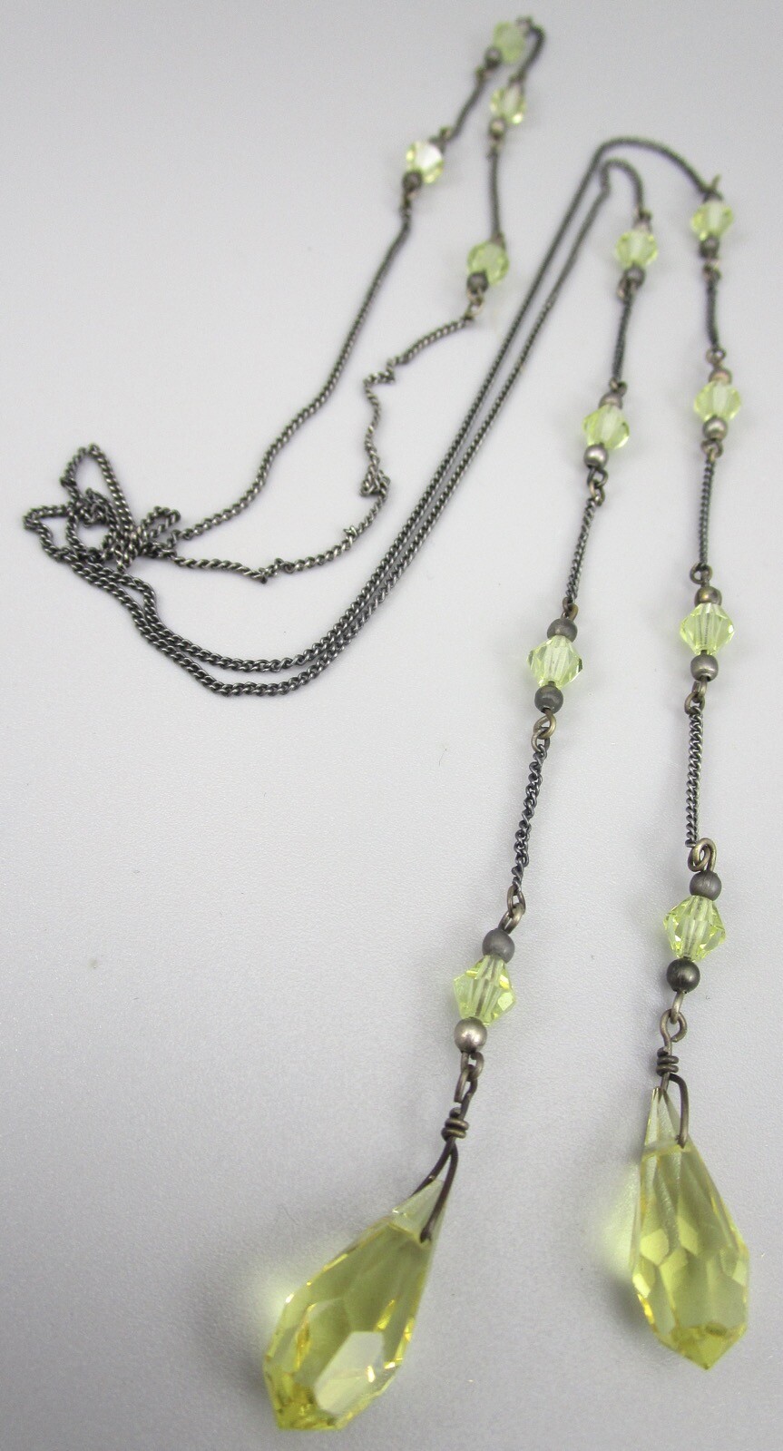 1920’S ART DECO SILVERTONE YELLOW CRYSTAL LARIAT SAUTOIR 36″ WRAP NECKLACE