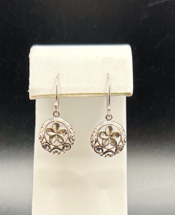Hawaiian PLUMERIA FLOWER Filigree Motif Dangle Earrings 925 Sterling Silver