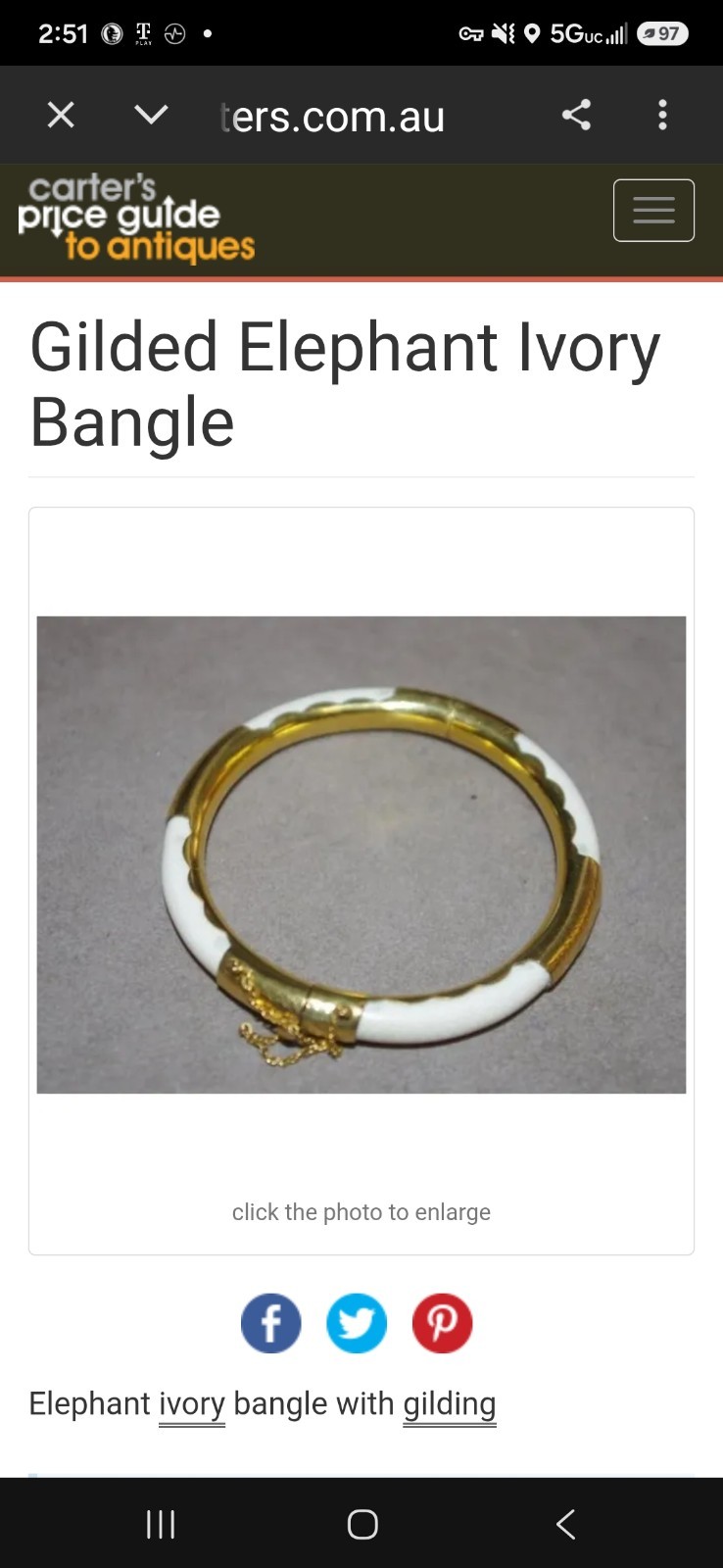 Gold & Ivory Hinged Oval Bangle Bracelet with Safety Chain, 2 Piece Set.