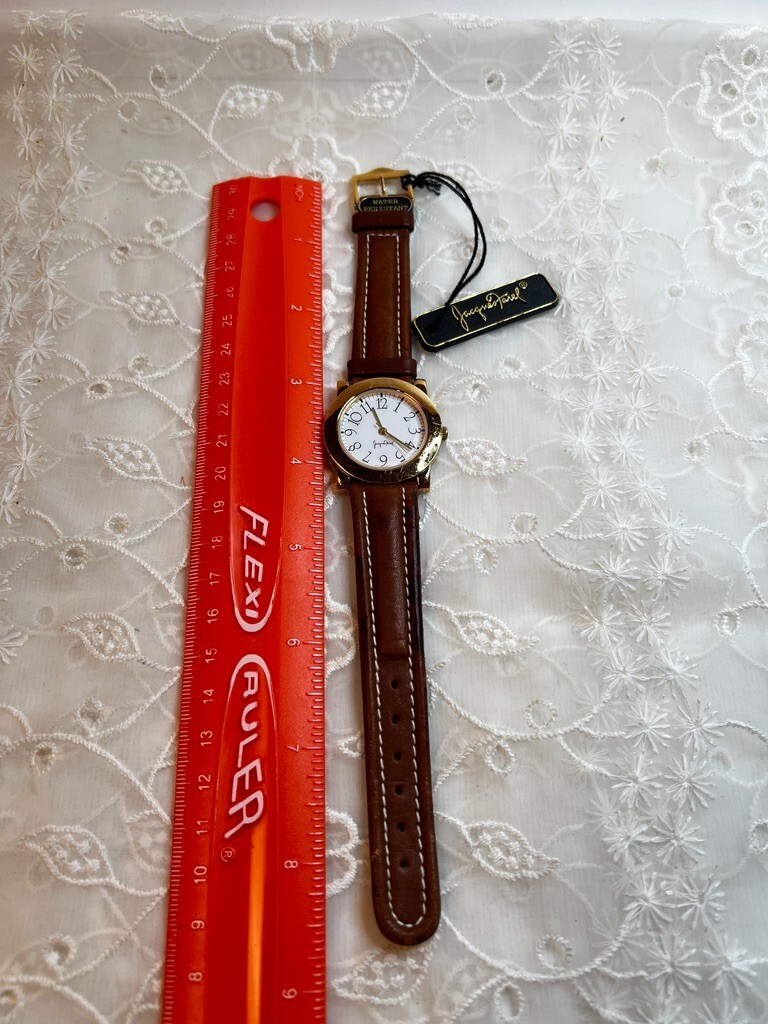 Vintage Jacques Farel Gold Toned Case White Dial Leather Band DD