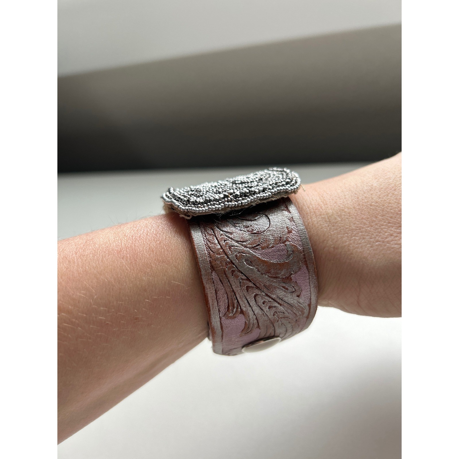 Boho Beaded Cuff Bracelet Metallic Leather Floral Emboss Snap Closure Statement