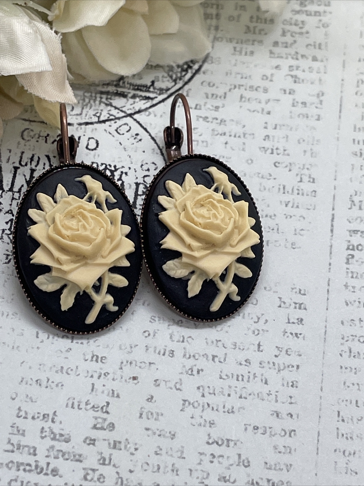 Rose Gold Brass Cream & Black Victorian Anniversary Earrings Cameo Birthday Gift