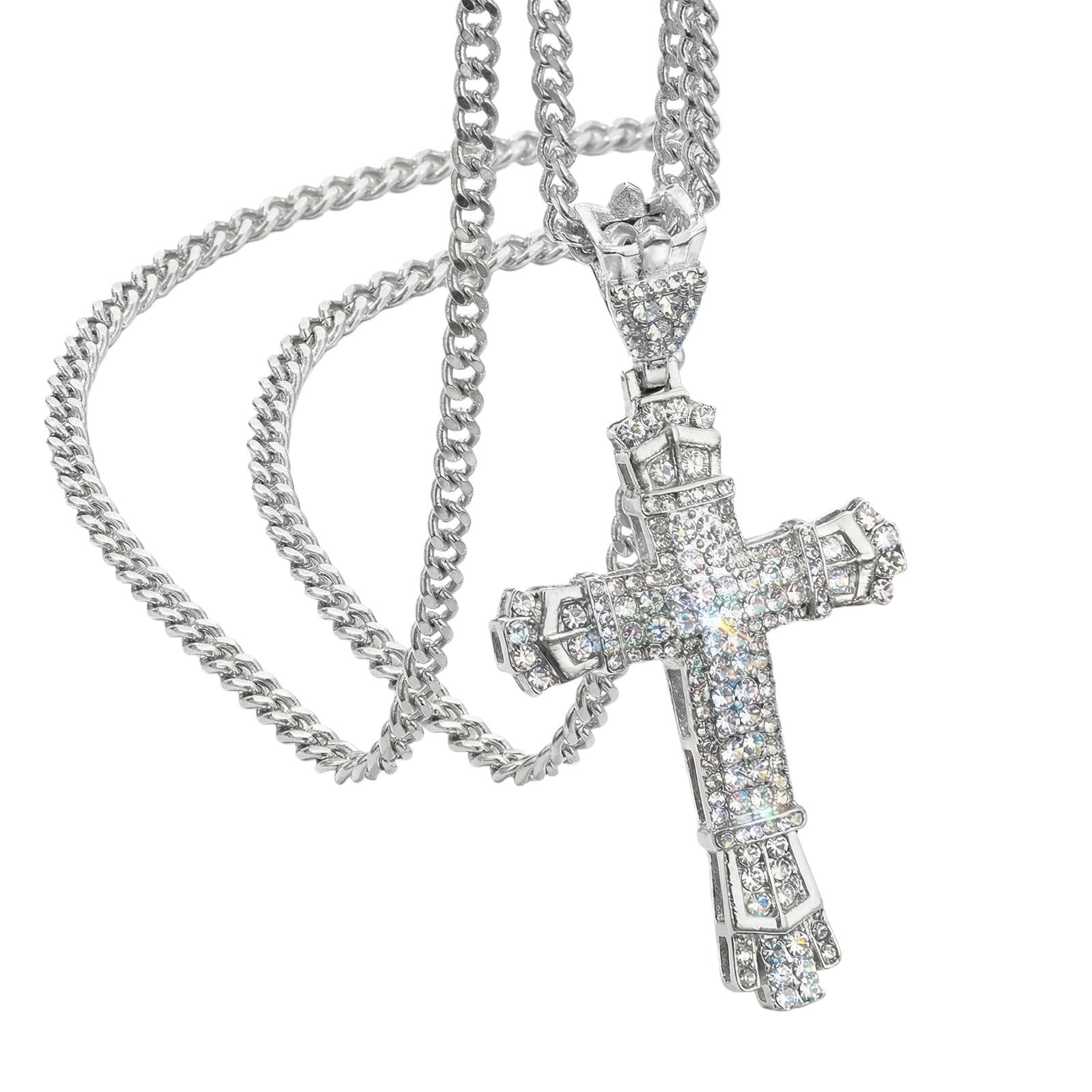 Cross Necklace with Diamonds, Silver Chain, Stainless Steel Pendant, Gothic C…