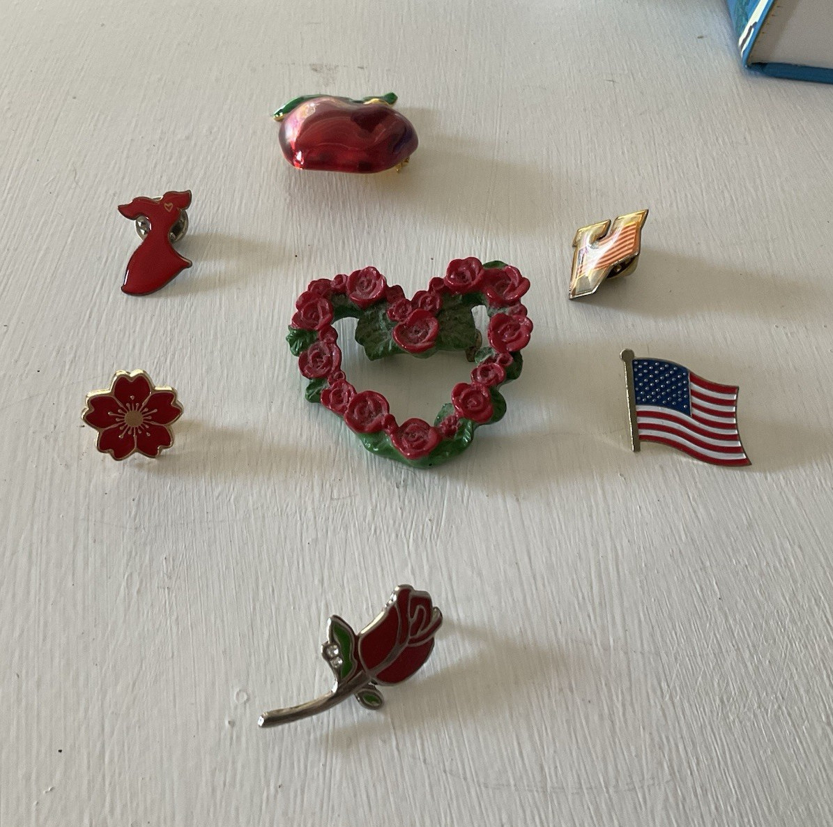 Lot of 7 Enamel Pins/Brooches Apple Rose Heart Wreath USA Flag Flower Multicolor