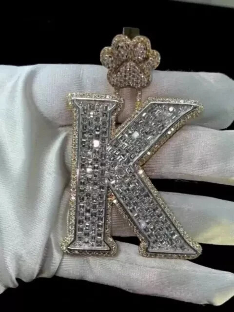 4Ct Baguette Cut Real Moissanite Custom Letter K Pendant 925 Sterling Silver