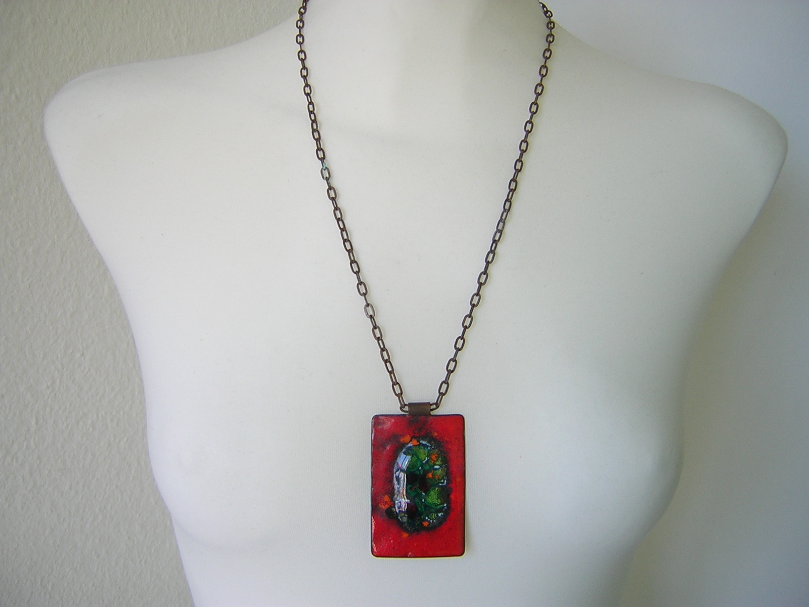 Vintage Pendant Necklace Enamel Copper 6.6 X 4.0 Cm/61 Cm