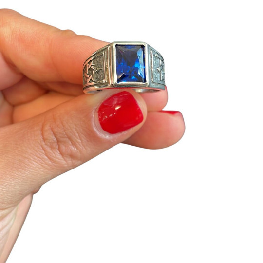 Signet Star of David Jewish Ring Sterling Silver & Blue Sapphire Solid Jewelry