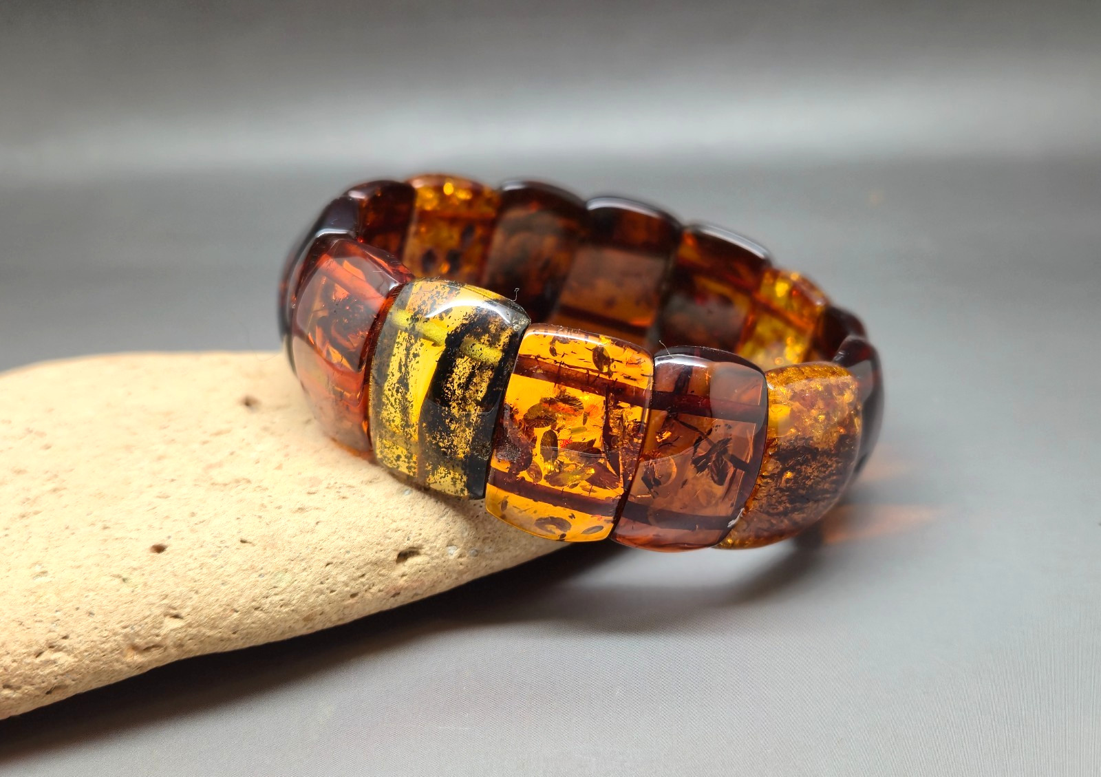 Genuine Baltic Amber Bracelet Cognac Rectangular Slice Beads Stretch Elastic