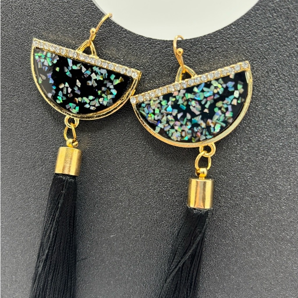 Elegant Black and Gold Tassel Earrings