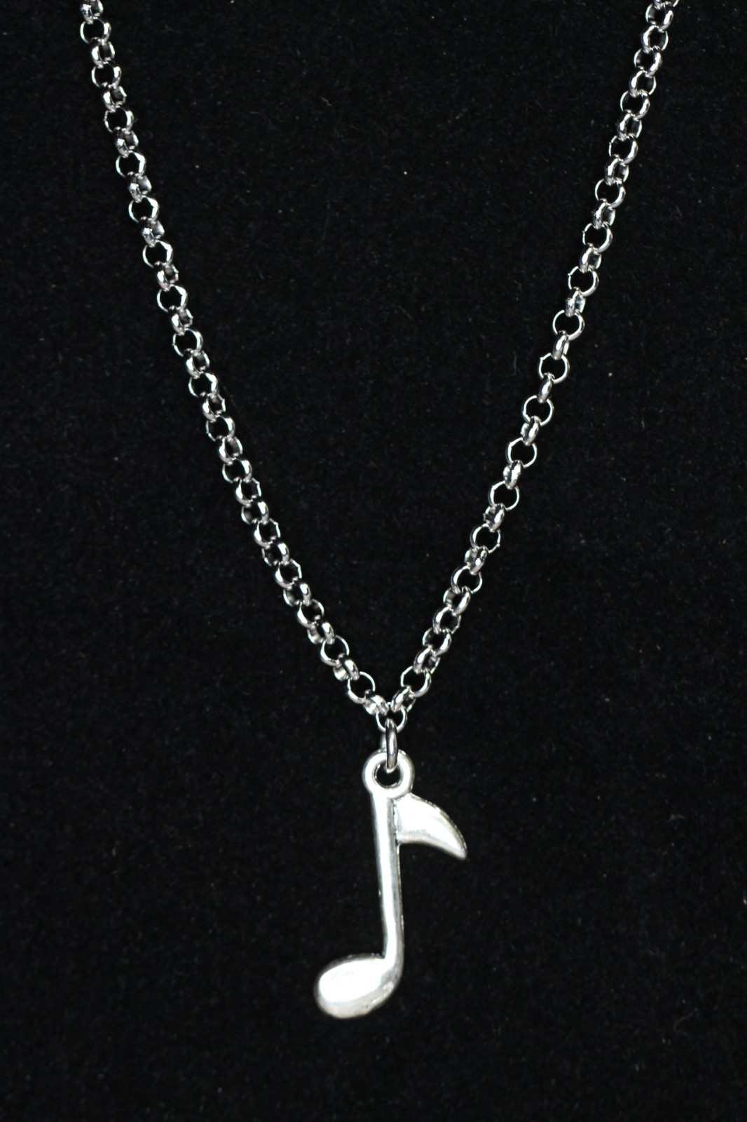 Music Note Necklace Silver Pewter Charm 1″ Pendant 3mm Stainless Chain 18″