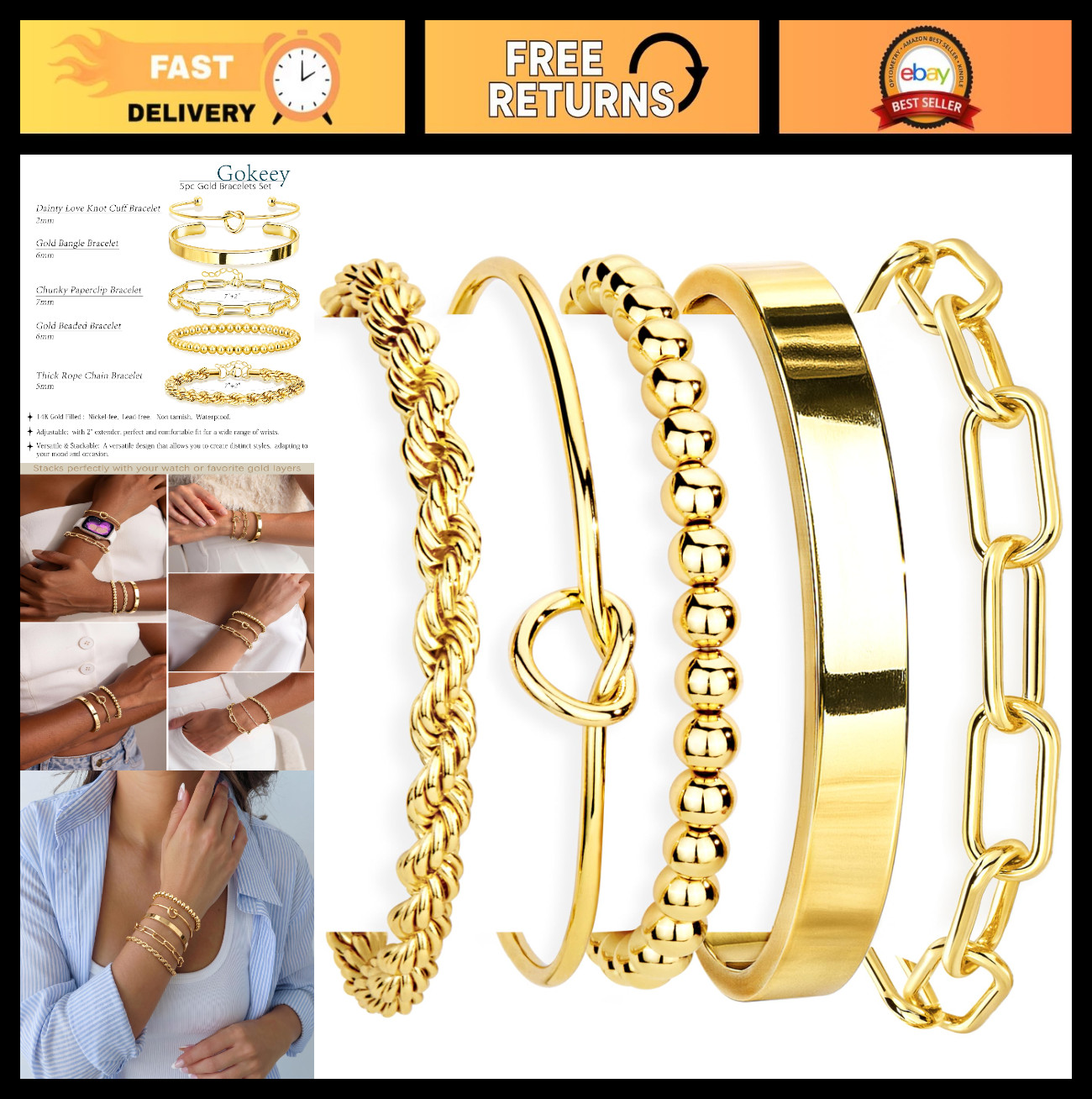 Gold Bracelet Set for Women – Non-Tarnish, Waterproof Chunky Cuff & Stackable Ba