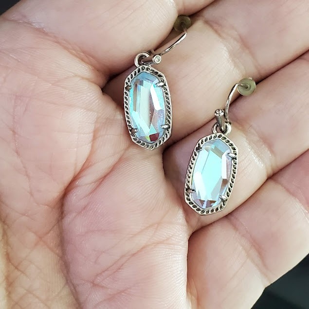 Kendra Scott Lee Silver Drop Earrings Iridescent Blue Dichroic Glass Dangle