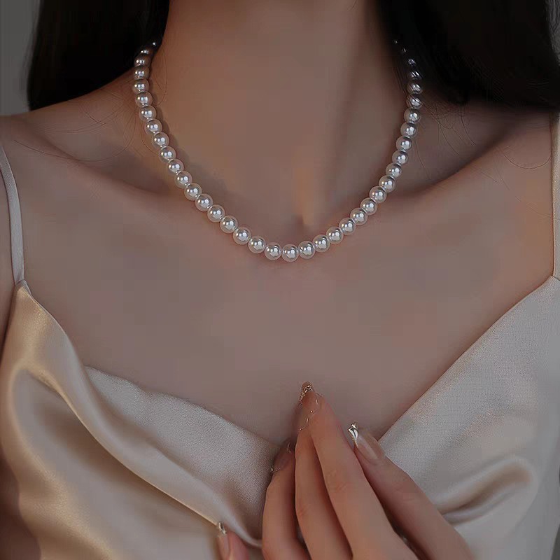 8 mm White Pearls Chain Choker Necklace Lobster Clasp Adjustable
