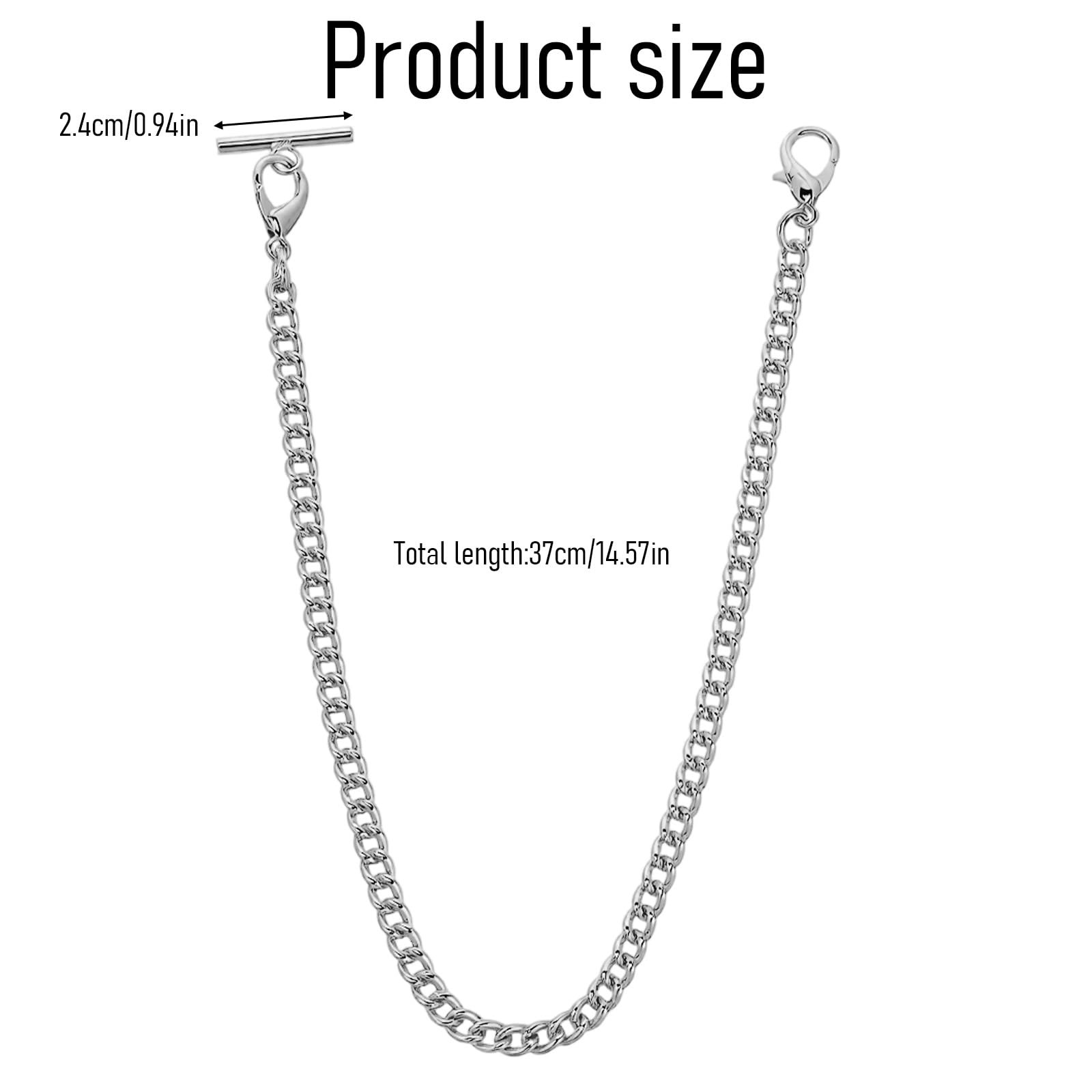 Silver Pocket Watch Chain with T-Bar, 14 Inch Pocket Watch Chains for Men, Silve