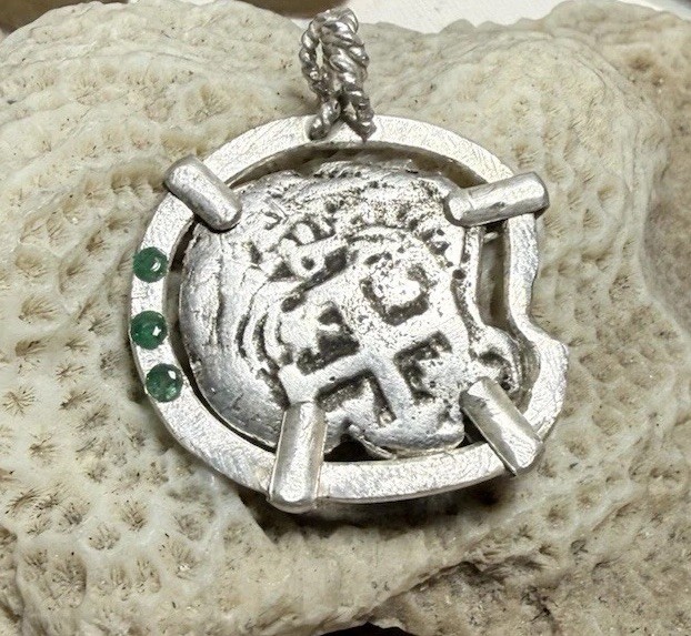 Authentic Spanish-Colonial 2-Reales Silver Shipwreck Cob Coin in Emerald Bezel