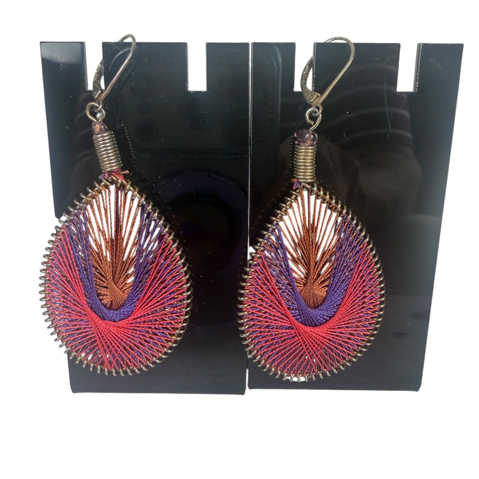 Bohemian String Art Teardrop Earrings Red Purple Brown Woven Fiber Jewelry