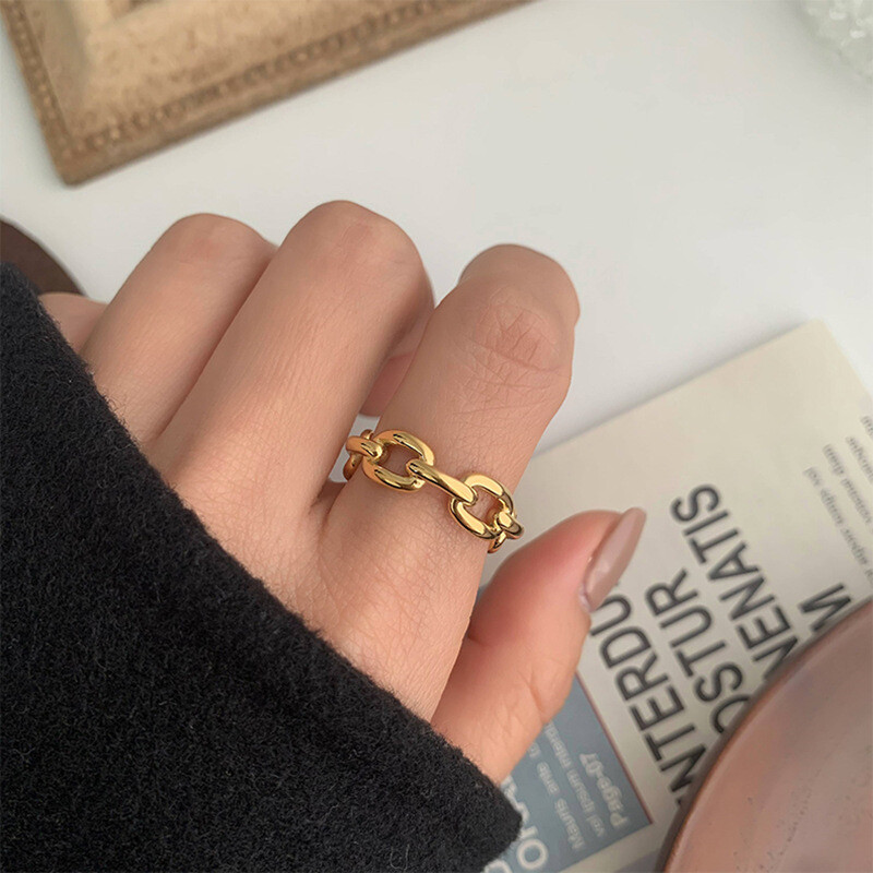 INS Fashion Woman 18k Gold Plated Stainless Steel Chain Hollow Band Ring Joint