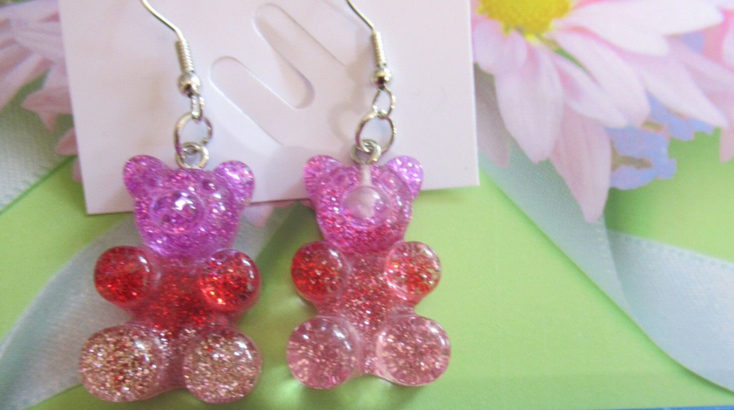 MULTICOLOR & PINK TONE GUMMY BEAR GLITTER DROP DANGLE EARRINGS- YOU CHOOSE