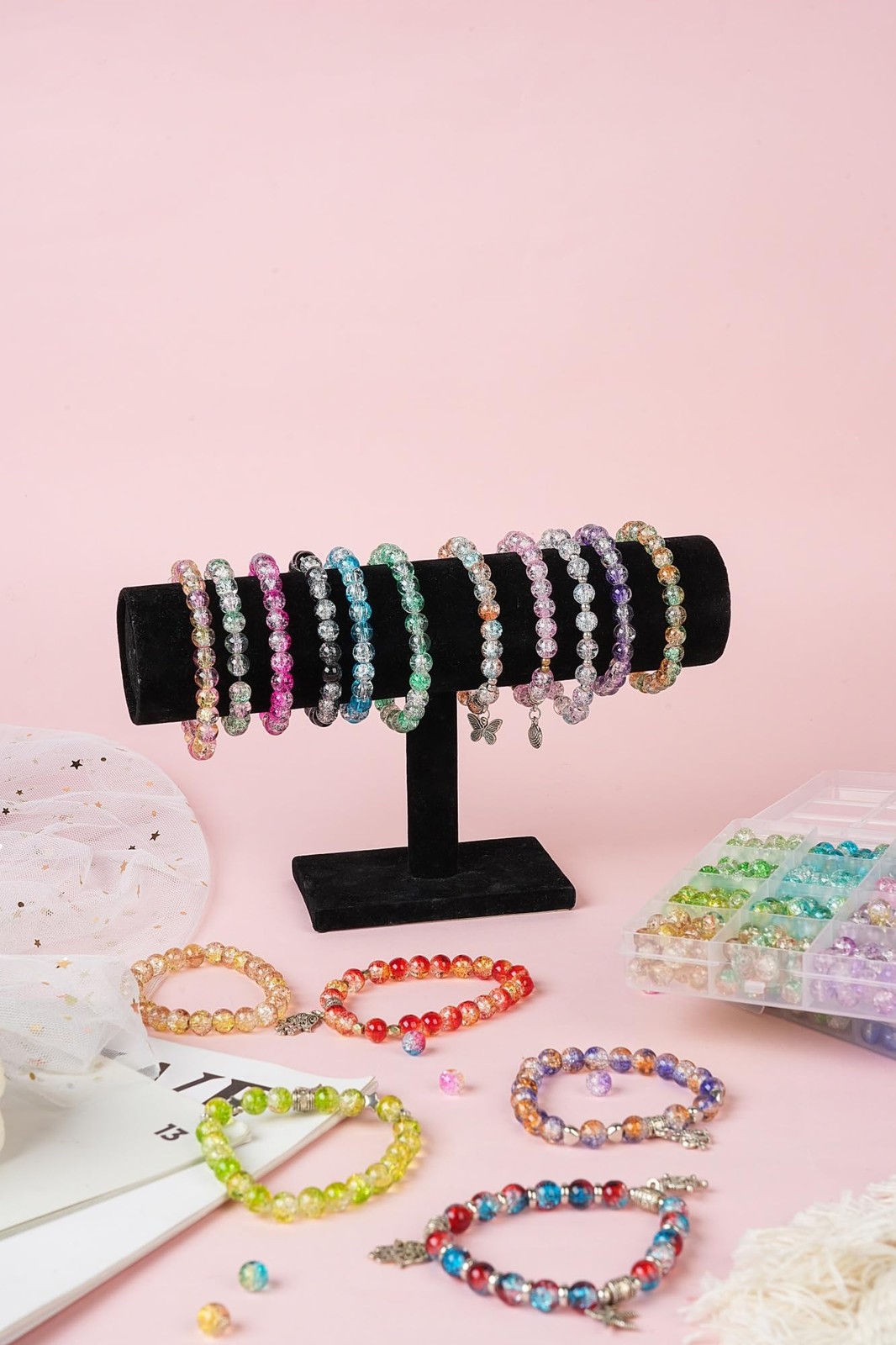 1300PCS 8mm Mixed Crackle Glass Beads for Bracelets Making Small, Style 1