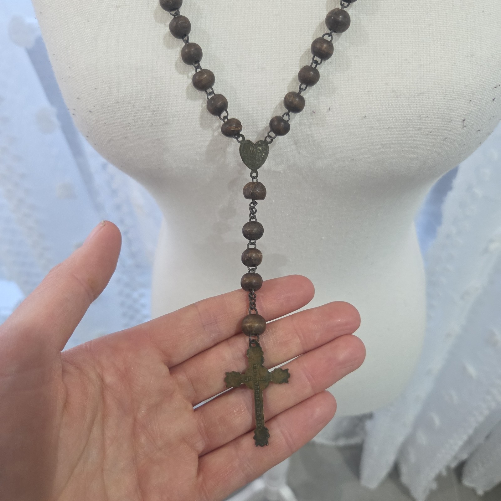 Antique French Wood Brass Rosary Beads & Cross 72cm Necklace 13cm To Cross