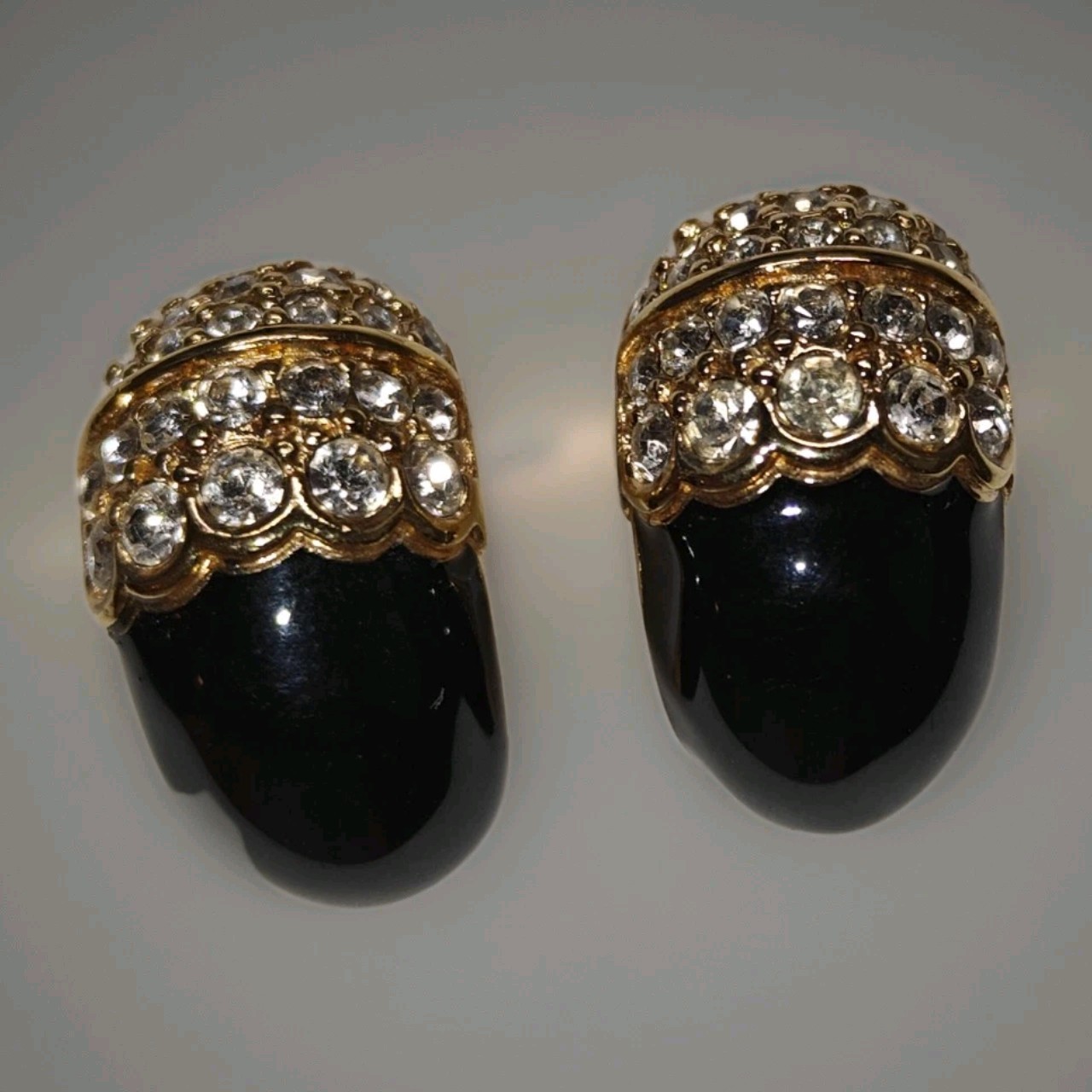 Swarovski Swan Logo Signed Black Enamel Rhinestone Half Hoop Pierced Earrings