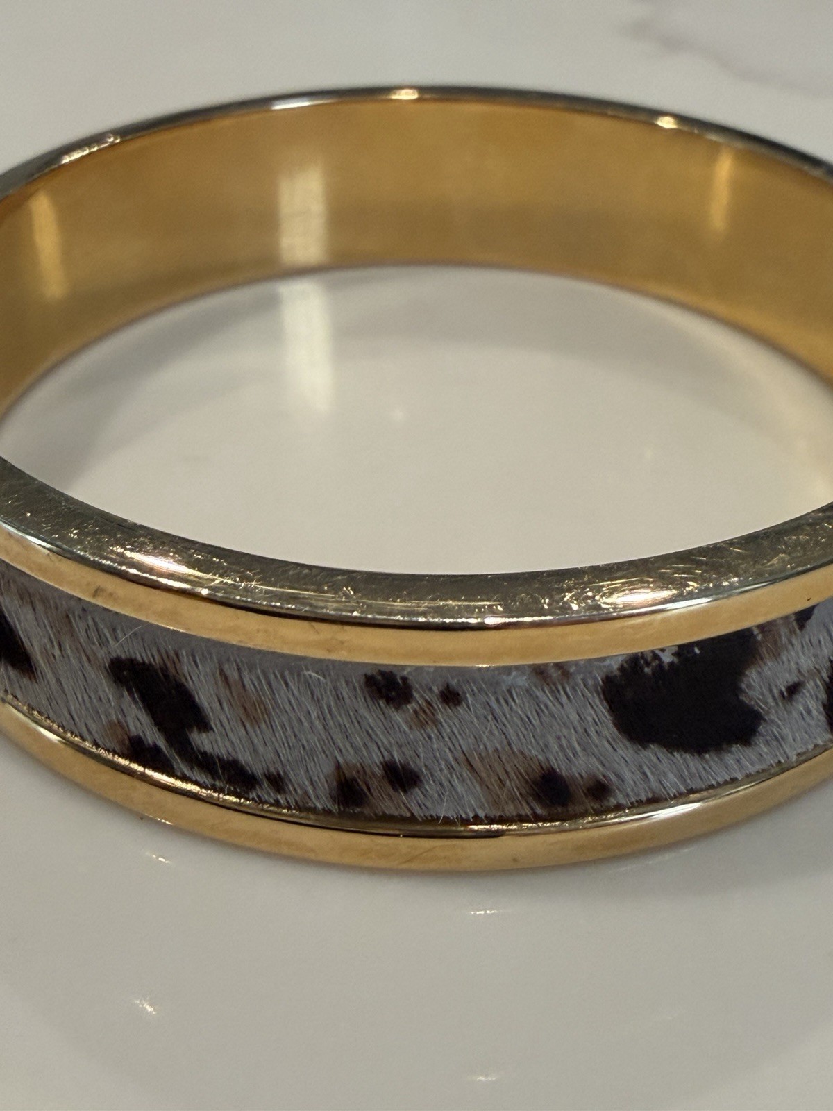 Mimco Gold Tone Hinged Bangle Cuff Bracelet Animal Print Inlay Signed Charm