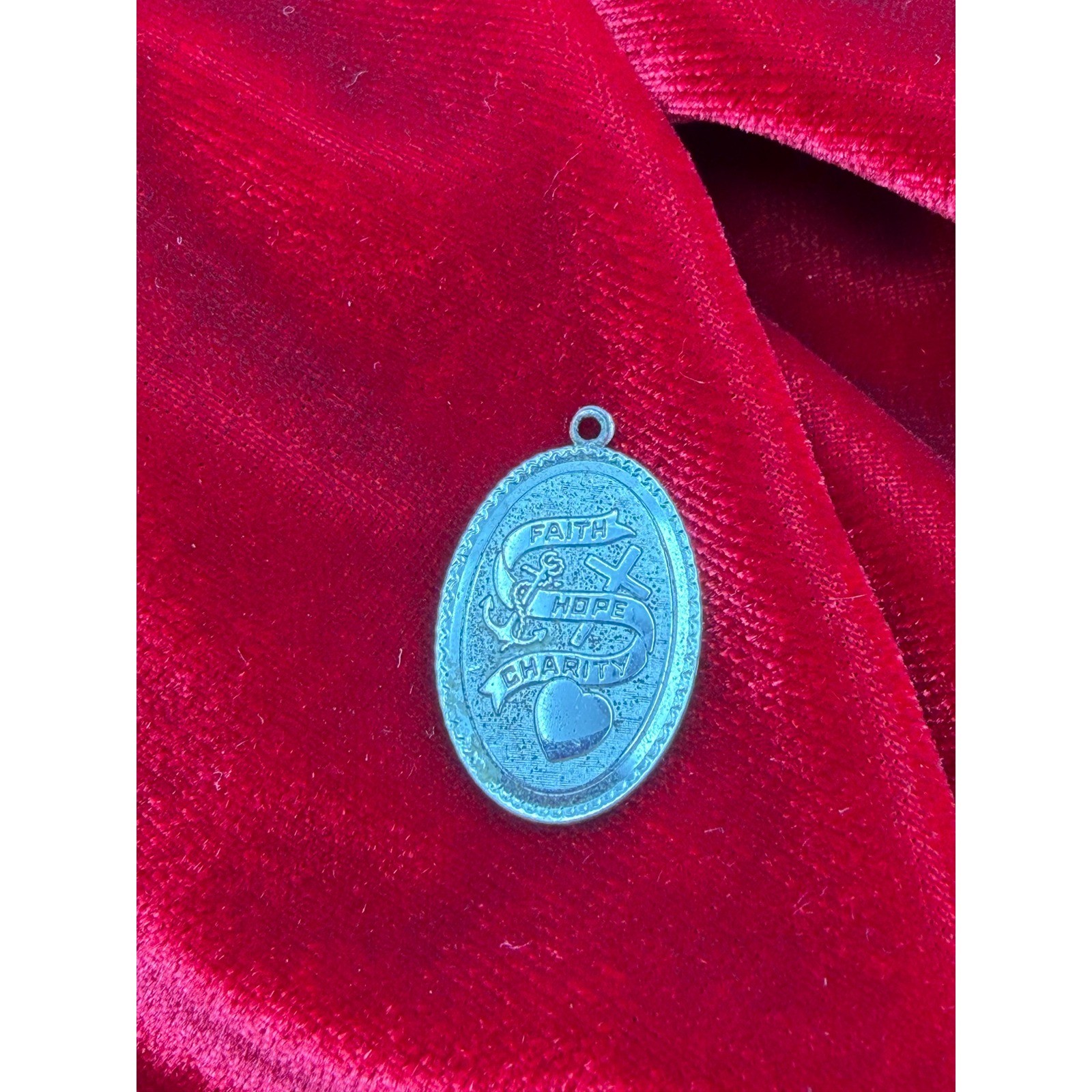 Vintage Sterling Silver Faith Hope Charity Oval Medal Pendant Charm