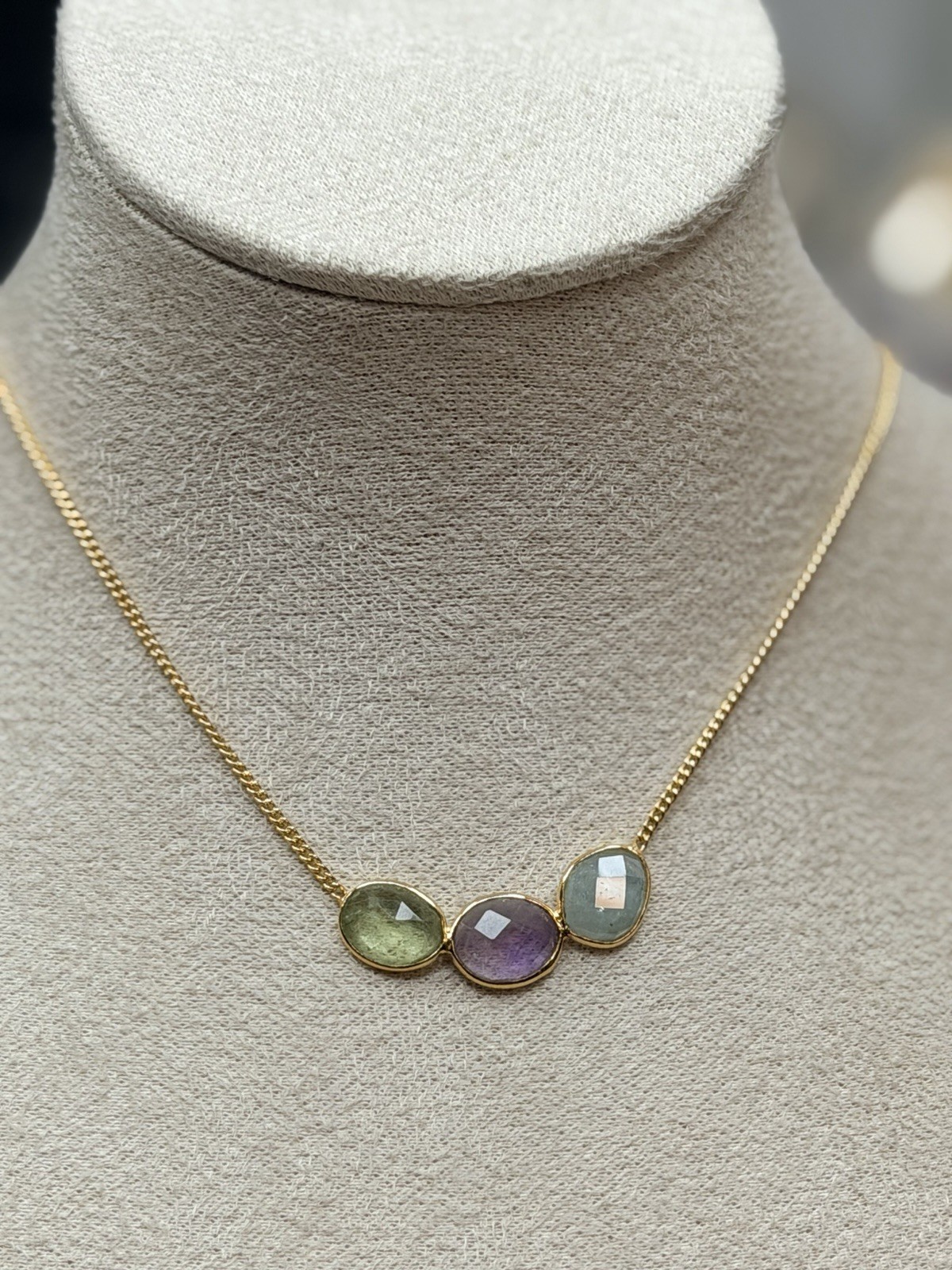 18K Gold Plated Three-Stone Necklace – Green, Purple, Blue