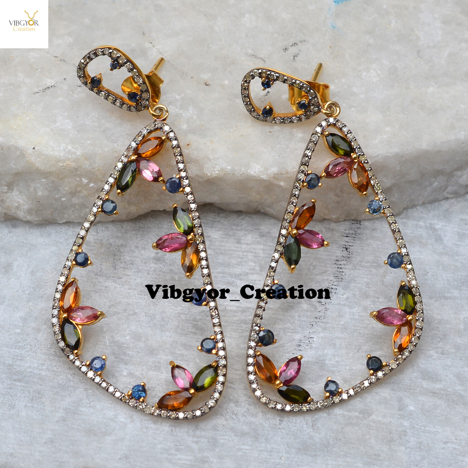 Pave Diamond Multi Tourmaline Earrings 925 Solid Silver Gold Vermeil Jewelry