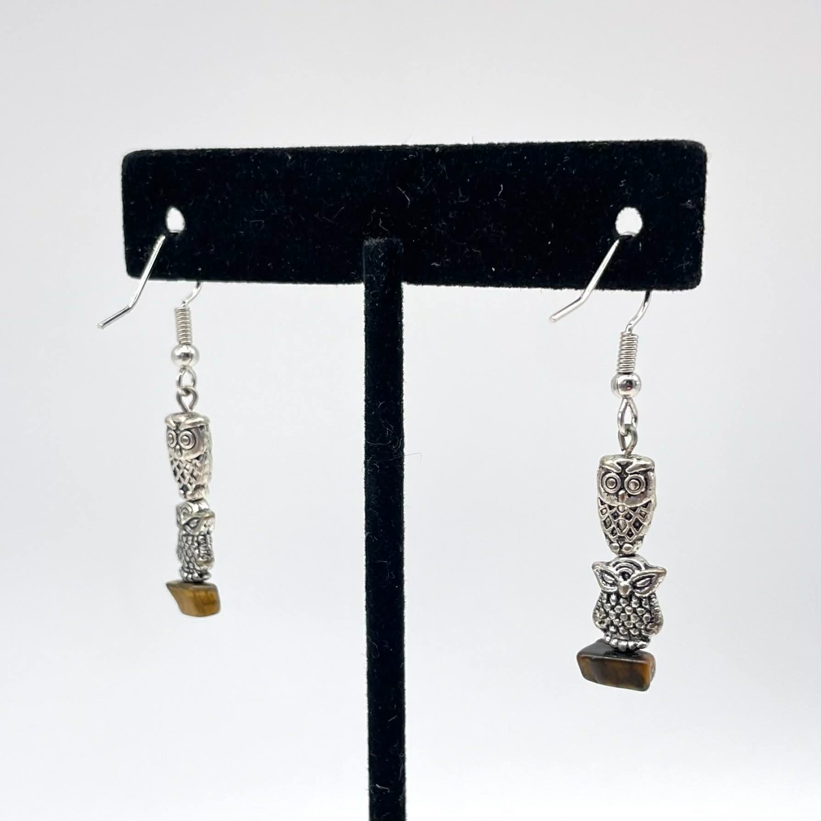 Handmade Artisan Silver-tone Owl Earrings w/ Tiger Eye and Stainless Steel Hooks