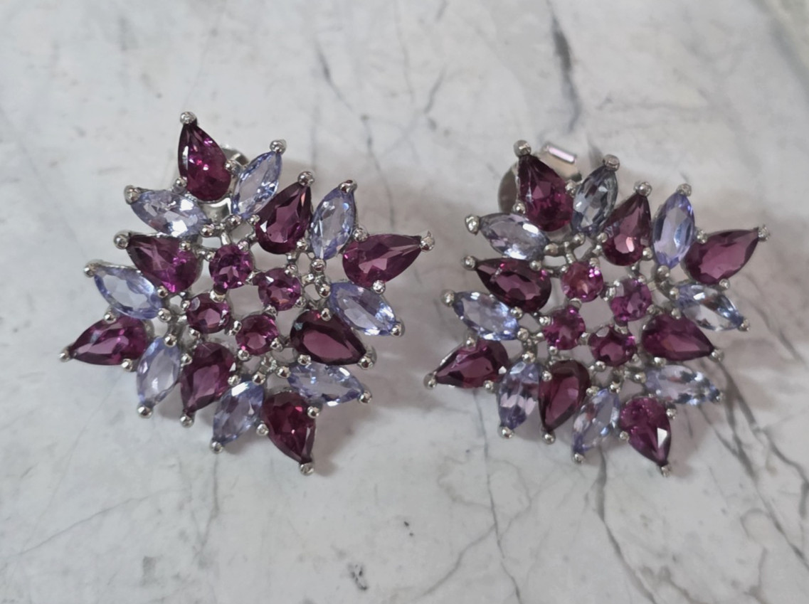 Natural Rhodolite & Tanzanite 14K WG Over 925 Sterling Stud Earrings, 4.52 ctw