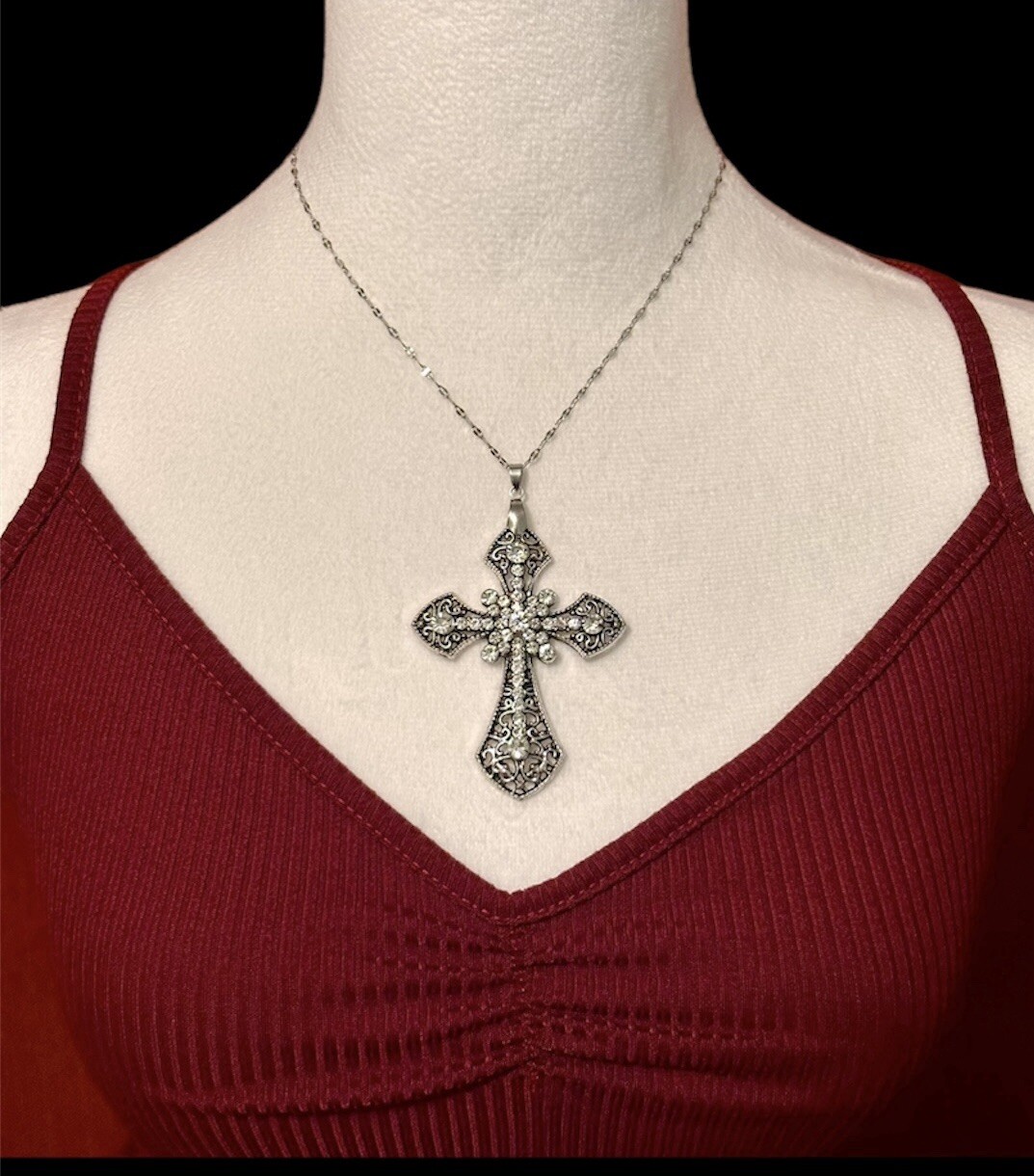 Large Victorian Cross Necklace Chain Silver Religious Gothic Grunch Whimsgoth