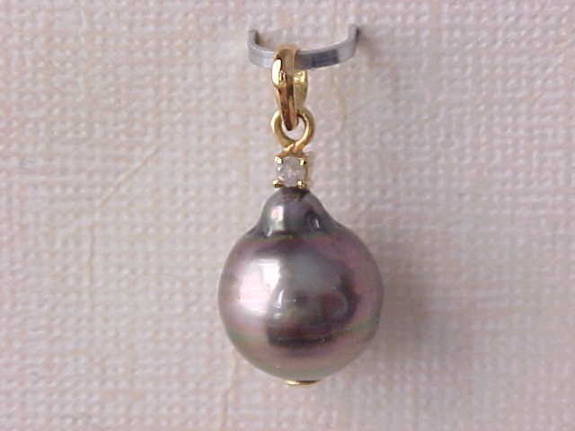 11.5MM X 13.5MM GENUINE TAHITIAN PEARL & DIAMOND PENDANT SOLID 18K YELLOW GOLD