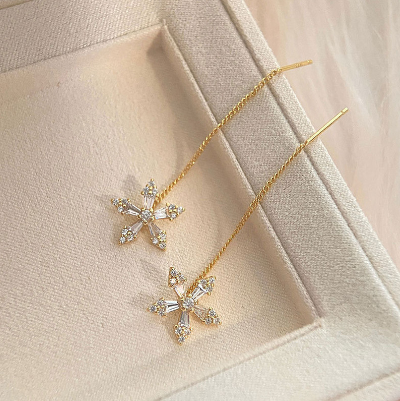 925 Silver Post/Needle Clover Flower Clear CZ Pull Through Threader Earrings G13