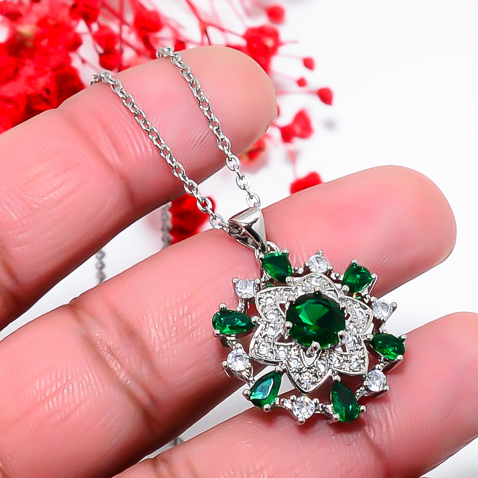 Chrome Diopside & Cz 925 Sterling Silver Floral Pendant With Chain 18-20″ CP4511
