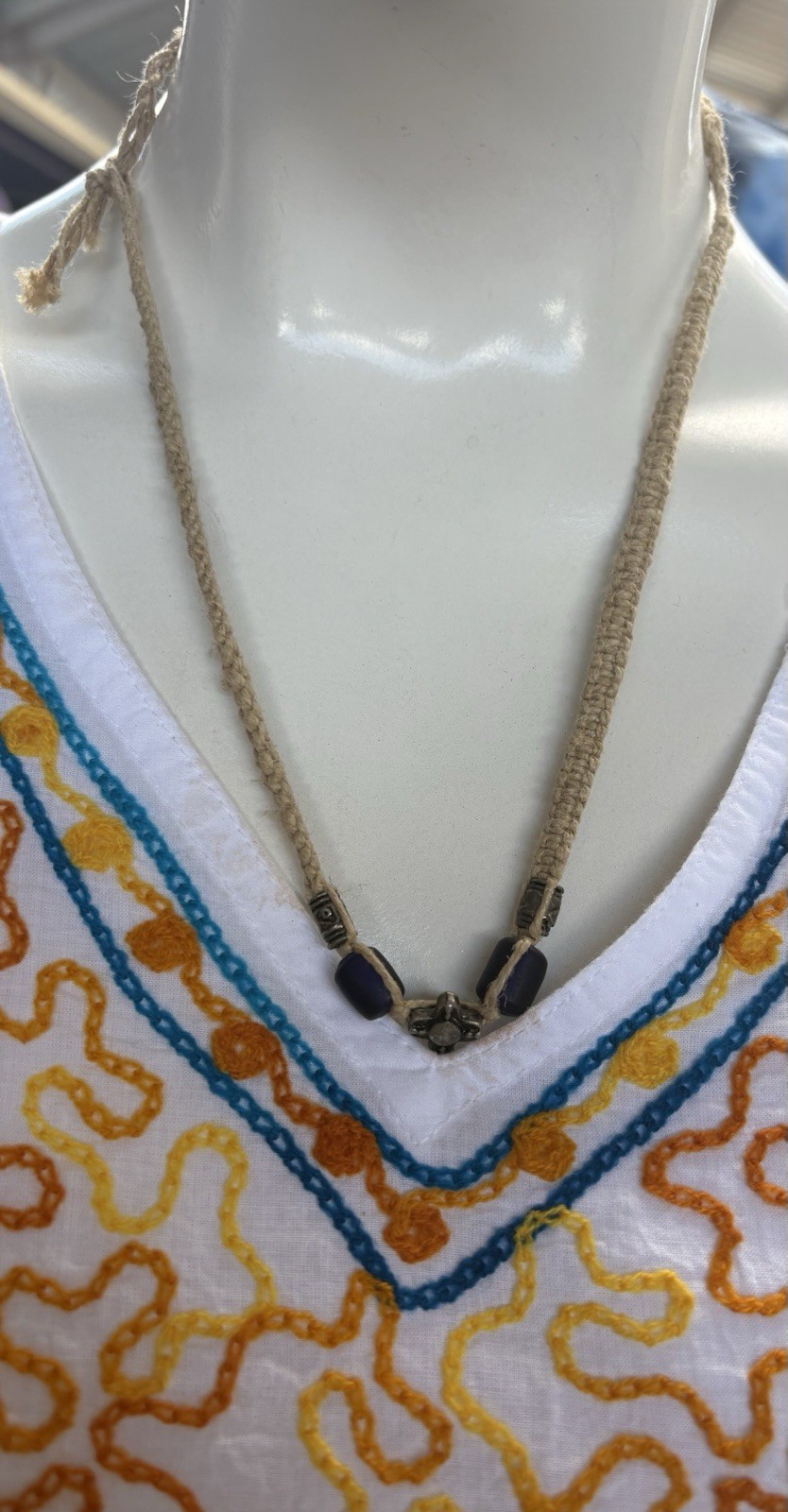 Hemp Cross Pendant Beige Cord Blue Glass Bead Choker Necklace Adjustable Tie