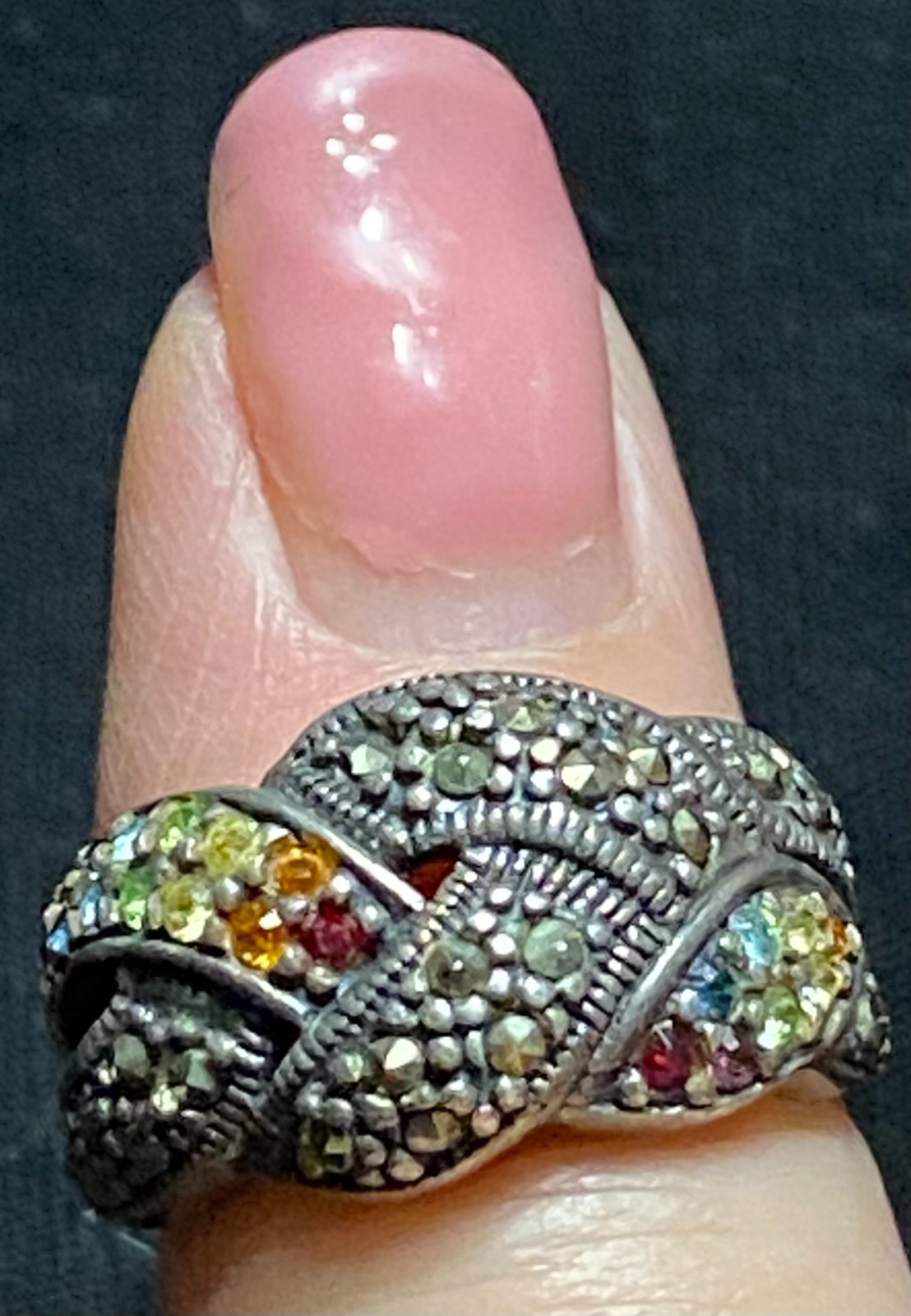 Vintage Rainbow Gemstone Braided Ring Citrine Ruby Aquamarine Peridot Hematite