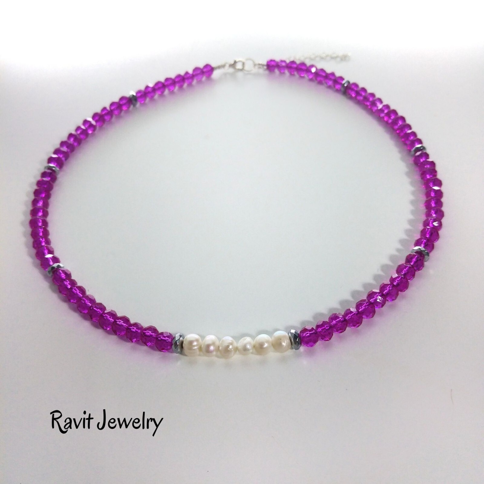 HOT PINK FUCHSIA Necklace Rondelle Glass Beads With Natural Freshwater Pearls